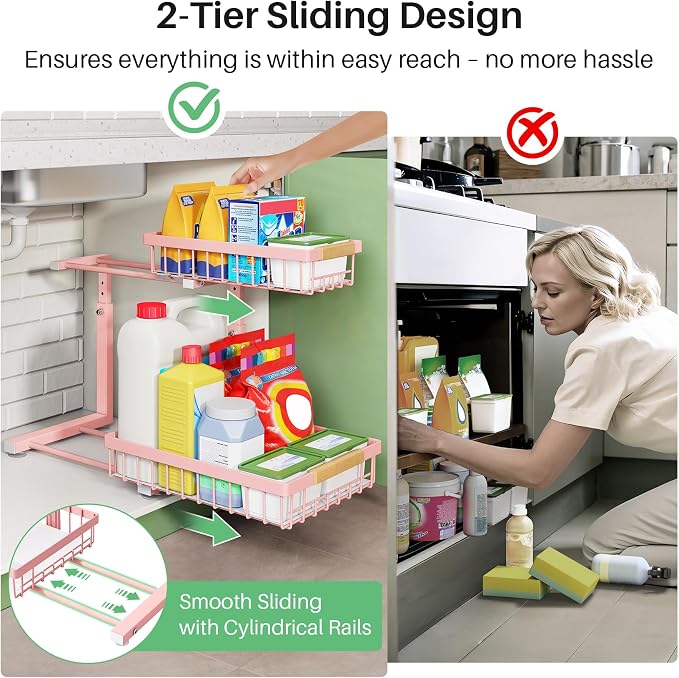 Kitstorack Under Sink Organizer, 2 Tier Under the Sink Storage, Slide out Pull out Cabinet Organizer Shelf, Metal Sliding Drawer for Kitchen Bathroom Pantry Closet Organization Rack, Pink, 2 Pack - Image 3