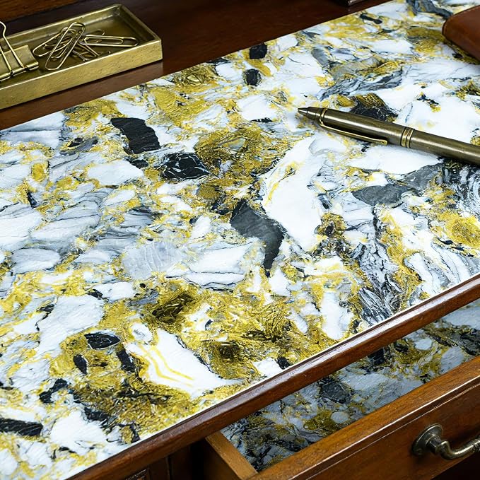 Drawer and Shelf Liner - Yellow Black Marble Pattern,Non Adhesive - Image 4
