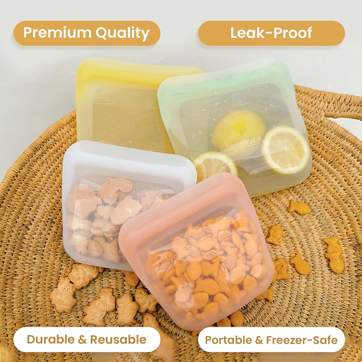 purifyou Set of 4 Reusable Silicone Storage Snack Bags 6oz / 16oz / 32oz / 64oz Self-Seal Food Storage Container for Fruits, Vegetables, Sandwiches, Dishwasher Safe & Leak-free (Pastel Yellow)