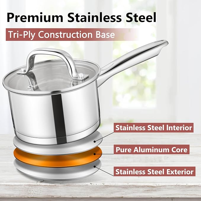 E-far 1 QT Small Saucepan with Lid, Stainless Steel Sauce Pan Boiling Pot - Image 6