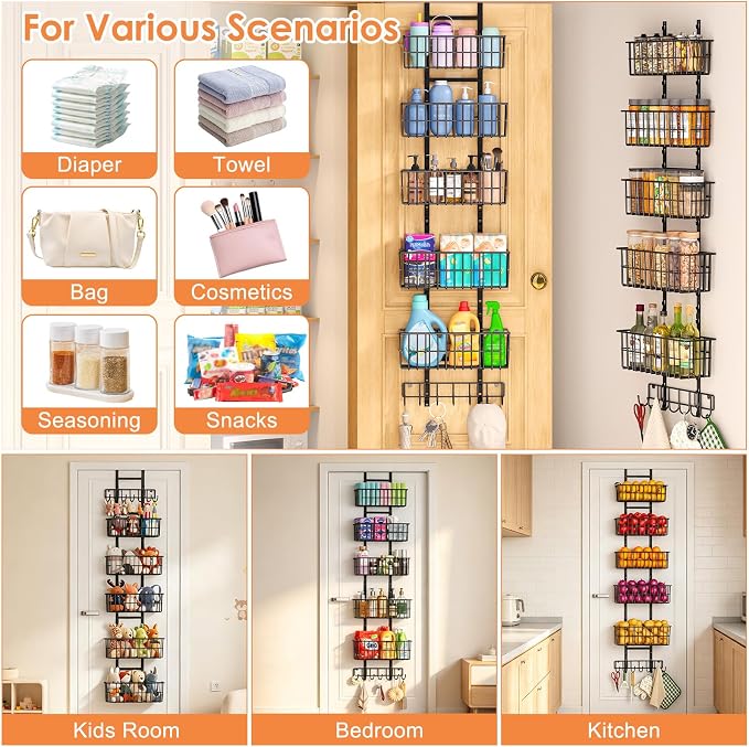 Hongtamoya Adjustable Over the Door Organizer, Metal Hanging Door Organizer with 5 Wire Basket 7 Hooks, Wall Mounted Shelf for Pantry Laundry Organization and Storage, Black - Image 6