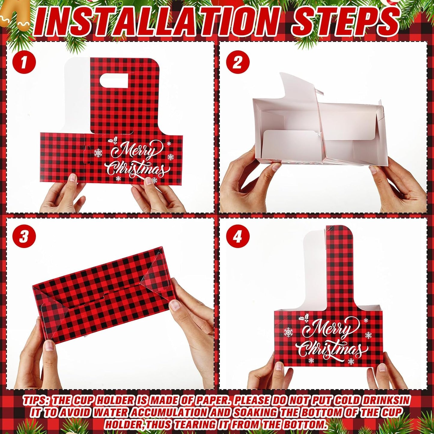 30 Pcs Christmas 2 Cup Drink Carrier with Handle Red and Black Buffalo Plaid Paper Cup Holder Bulk Christmas Caddy Cardboard Coffee Carriers for Cocoa Milk Coffee Holiday Party Supplies