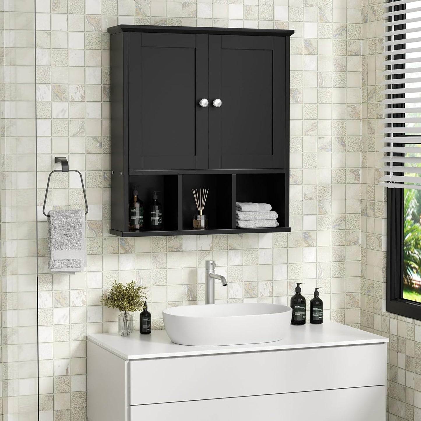 Shintenchi Bathroom Wall Cabinet with Door, Storage Organizer Over The Toilet Medicine, Space Saving with Adjustable & Open Shelf, Black