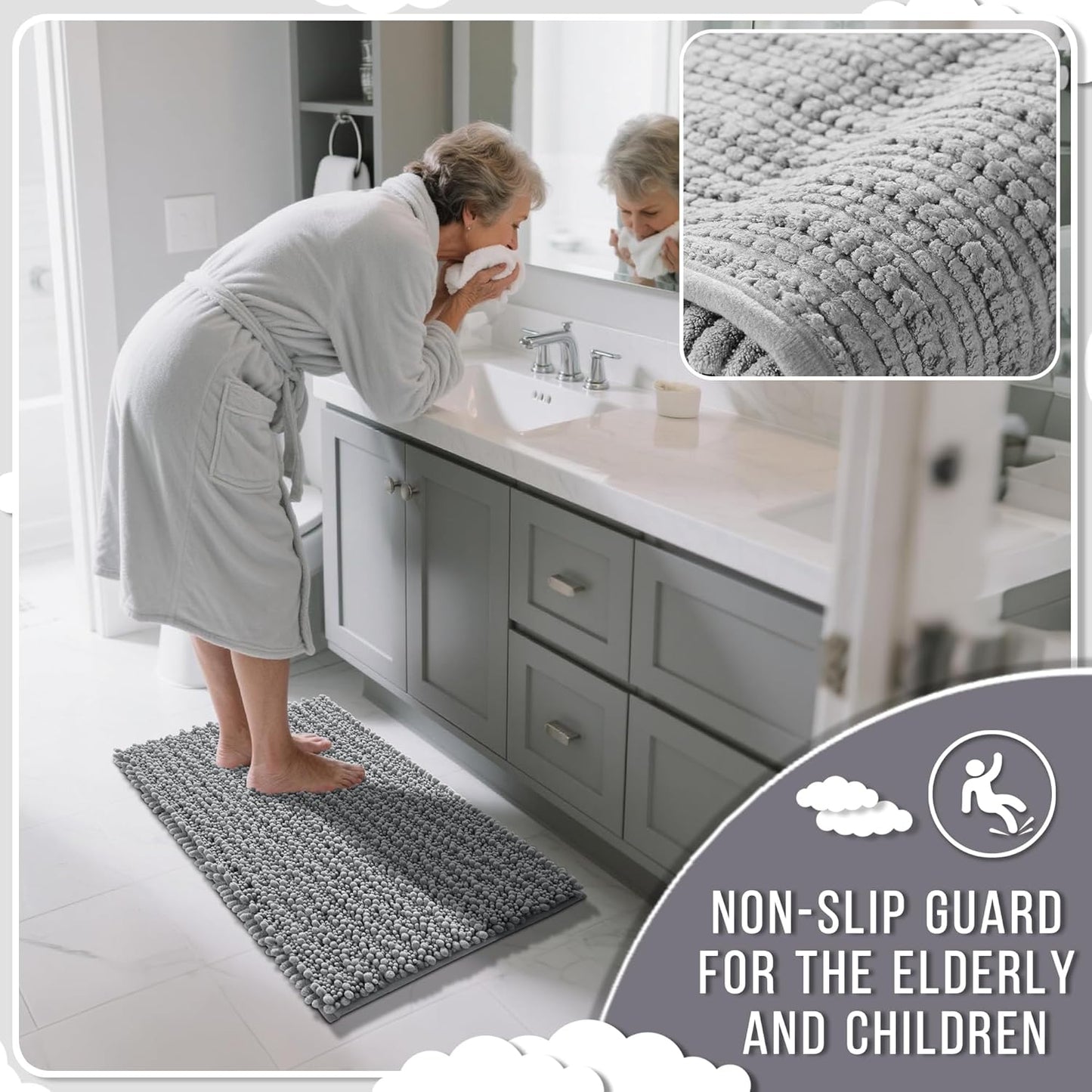 Yimobra Bathroom Runner Rug 70x24 Inch - Extra Long Non Slip Chenille Bath Mat, Soft & Absorbent, Machine Washable Shaggy Hallway Carpet for Vanity Tub Shower, Gray Home Decor Accessories
