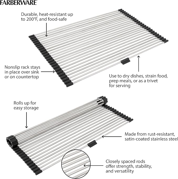 Farberware Dish Drying Rack Over the Sink, Large Stainless Steel Rolling Drying Rack for Kitchen Counter, Rust-Resistant Rods, Holds Up to 22 lbs, Dishwasher Safe - Image 5