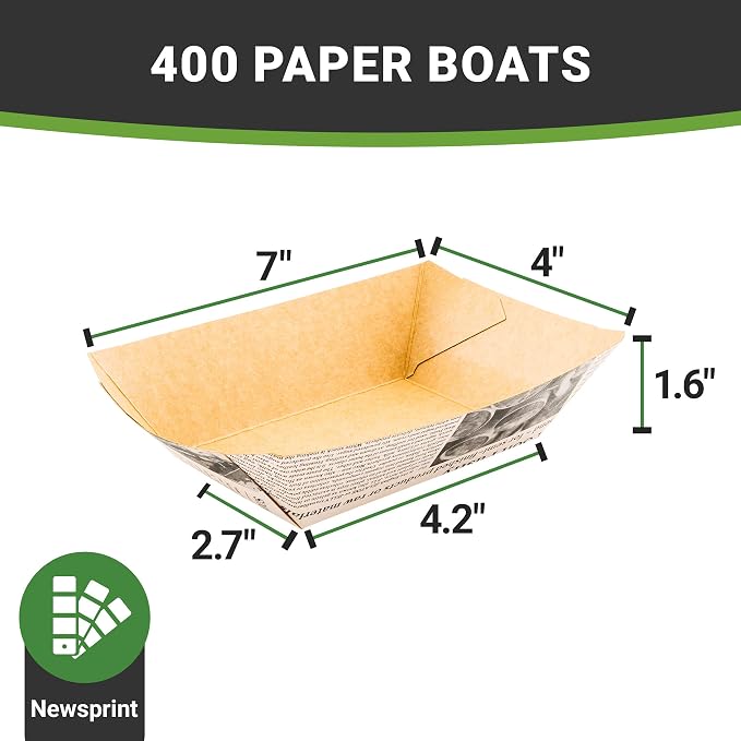 Restaurantware-Bio Tek 1/2 Pound Food Trays, 400 Disposable Paper Food Trays - Heavy-Duty, Greaseproof, Newsprint Paper Food Boats, for Snacks, Appetizers, Or Treats, Use At Parties Or Carnivals - Image 7