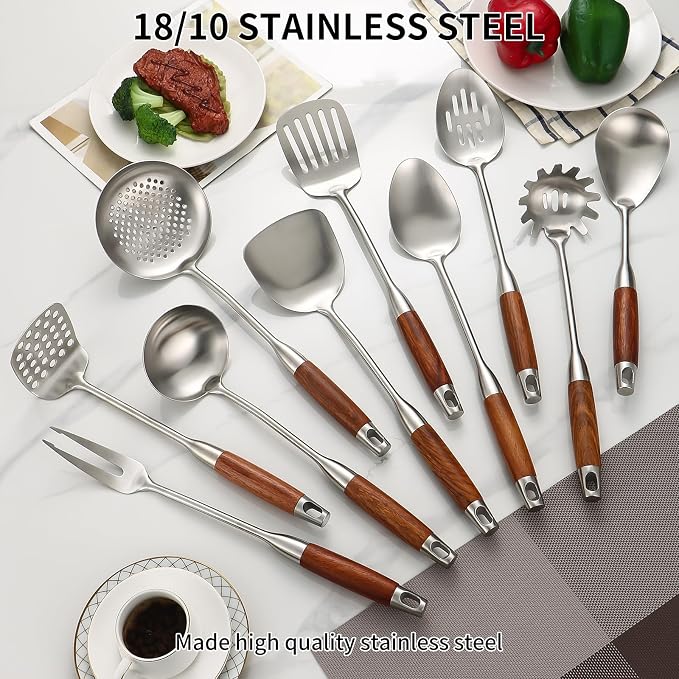 Izurok 18/10 Stainless Steel Kitchen Utensils Set,10 Piece Cooking Utensils With Wood Handle,Heat Resistant Kitchen Tool Set With Spatula,Spoon,Ladle,Skimmer,Slotted Turners,Pasta,Turner,Ladl,Fork - Image 3
