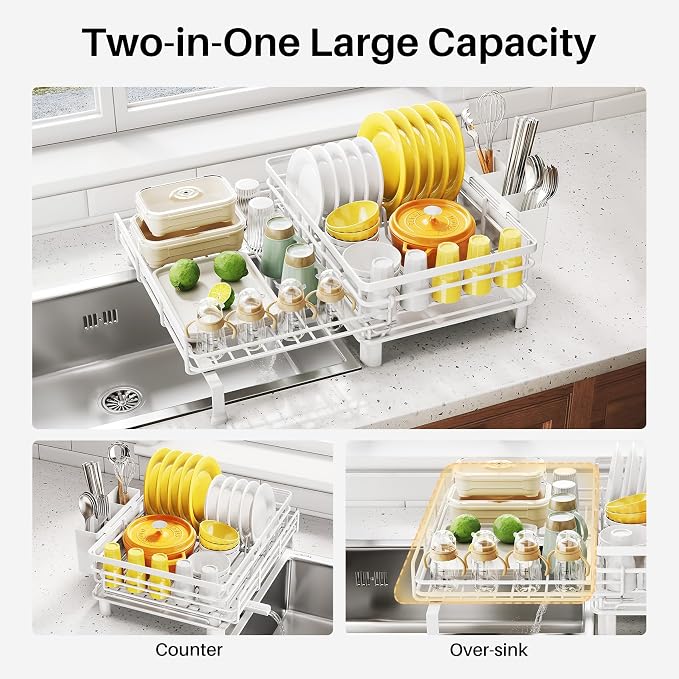 Expandable Dish Drying Rack for Kitchen Counter, Stainless Steel, White - Image 3