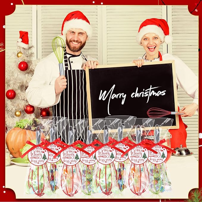 FoldTier 36 Sets 10 Inch Christmas Whisks Gifts DIY Fillable Christmas Tree Ornaments Xmas Colored Silicone Whisks for Cooking Heat Resistant Egg Beaters with Card Rope Bag for Candy Holder - Image 5