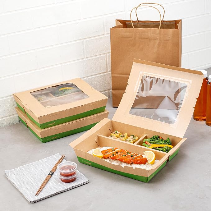Restaurantware Paper Bento Box 100 Count 78 Ounces Paper Lunch Container Kraft Food Box, Greaseproof Disposable Three Compartment Meal Prep Box with Transparent PLA window - Image 7