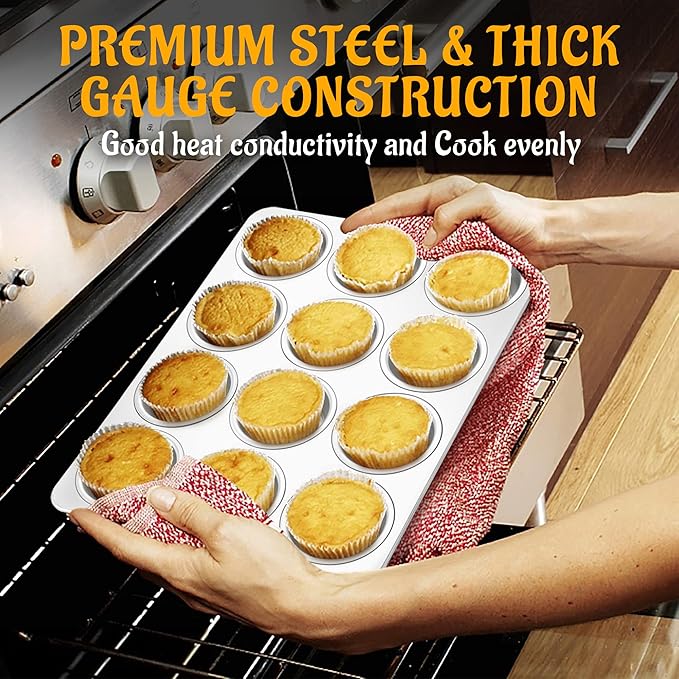 E-far Muffin Pan 12-Cup, 3-Pack Stainless Steel Cupcake Pan for Oven | Non-Toxic Metal Muffin Tins for Baking Muffins & Cupcakes, Regular Size & Easy Clean, Dishwasher Safe - Image 6