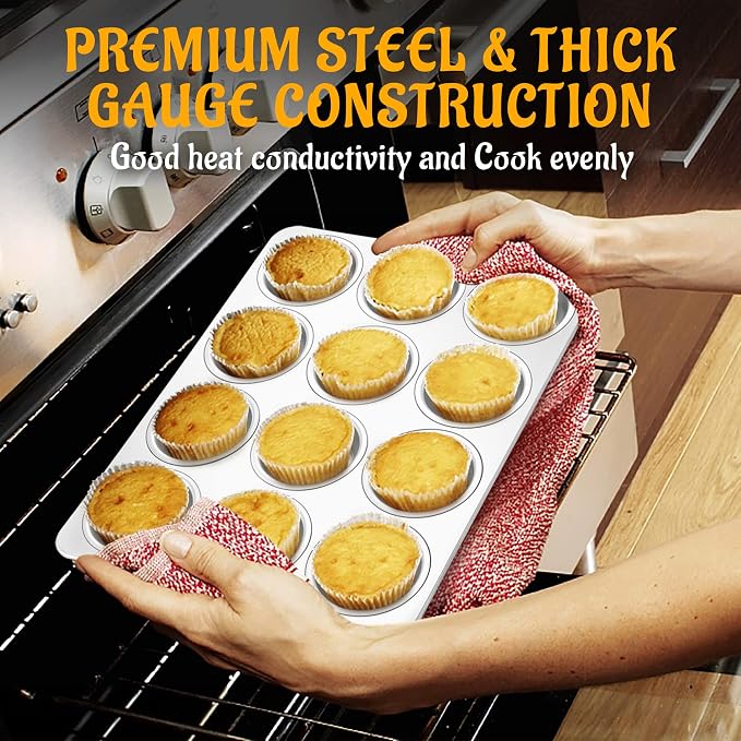 E-far Muffin Pan 12-Cup, 2-Pack Stainless Steel Cupcake Pan for Oven | Non-Toxic Metal Muffin Tins for Baking Muffins & Cupcakes, Regular Size & Easy Clean, Dishwasher Safe - Image 2