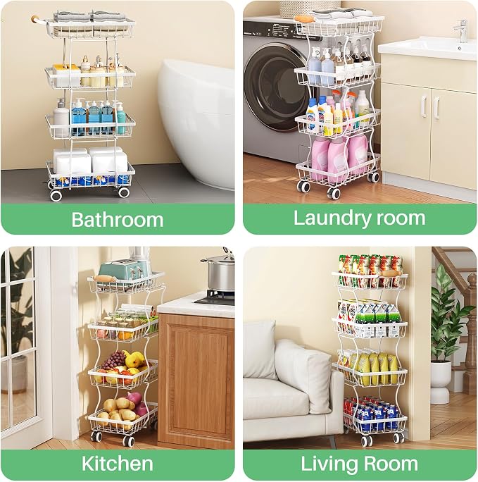 SAYZH 4-Tier Fruit Basket Stand with Vegetable Baskets for Kitchen, White | Stackable Metal Wire Basket, Sturdy Rolling Storage Carts for Kitchen, Pantry Organizer, Snack and Jar Storage - Image 8