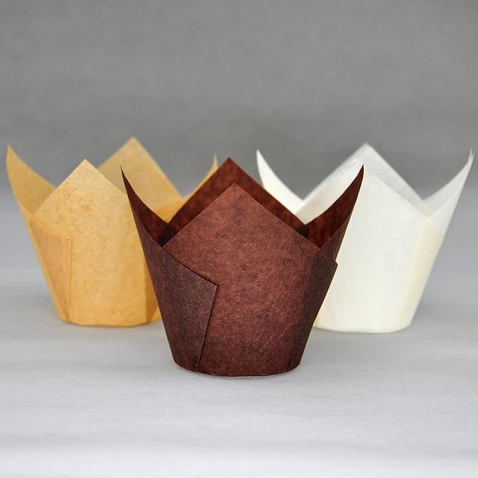 (JUMBO EXTRA LARGE size) Natural+Brown+White Tulip Baking Cups 2-1/4"(Base diameter) x 3-3/4"(Wall height) Greaseproof paper baking cupcake Muffin liners, Case of 130 pcs - Image 5