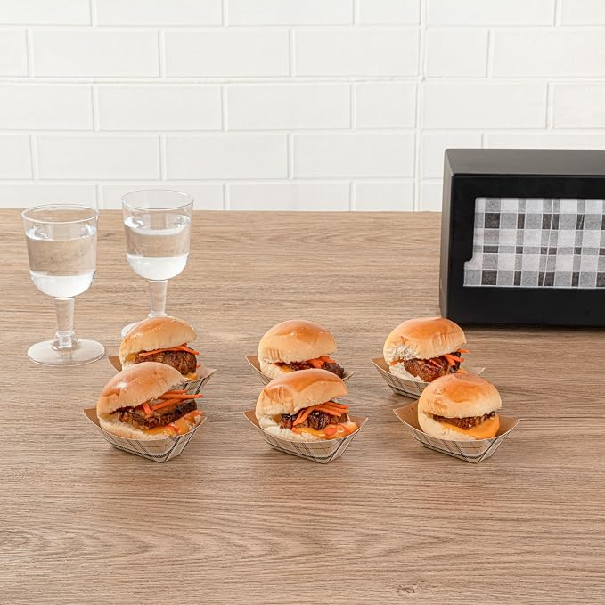 Restaurantware-Bio Tek 2 Ounce Food Boats, 50 Disposable Paper Food Trays - Heavy-Duty, Greaseproof, Plaid Paper Food Boats, for Snacks, Appetizers, Or Treats, Use At Parties Or Carnivals - Image 7