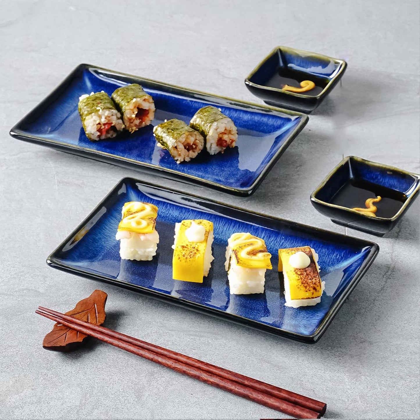 Ceramic Sushi Serving Tray Sets 2, 6 Pieces Japanese Style Porcelain Sushi Plate Set with Soy Sauce Dishes, Bamboo Chopsticks Housewarming Gift, Blue