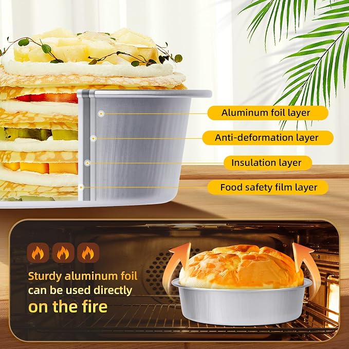 Beasea Mini Ramekins with Lids, 50 Pack 4 Inch 8oz Disposable Aluminum Foil Cake Baking Tins Pans Creme Brulee Tart Pie Tins Silver Small Individual Round Containers Oven Safe for Baking - Image 3