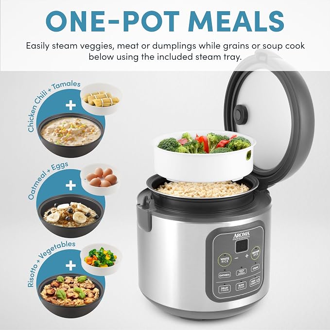 AROMA Professional Digital Rice Cooker, Multicooker, 4-Cup (Uncooked) / 8-Cup (Cooked), Steamer, Slow Cooker, Grain Cooker, 2Qt, Stainless Steel Exterior, ARC-994SG - Image 2