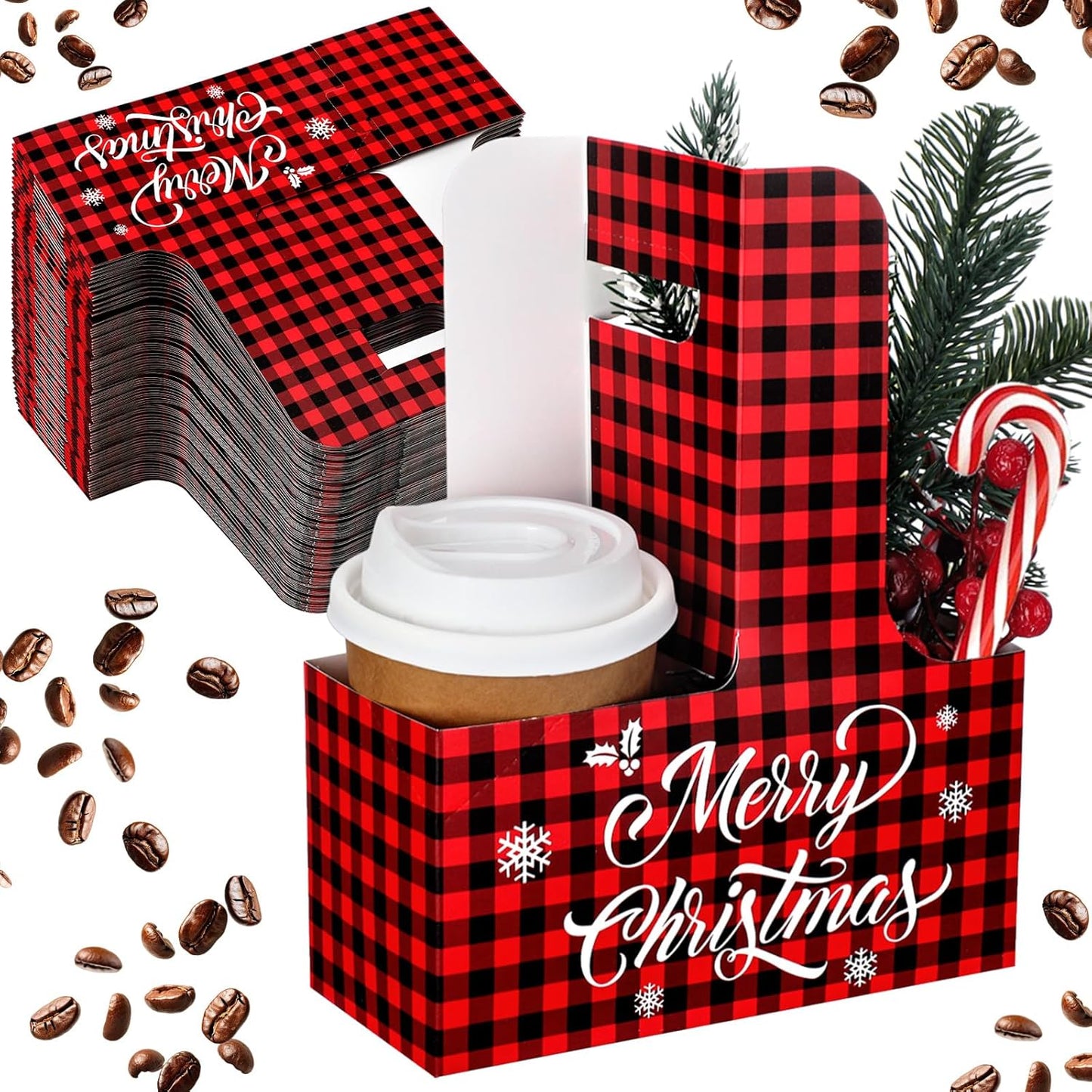 30 Pcs Christmas 2 Cup Drink Carrier with Handle Red and Black Buffalo Plaid Paper Cup Holder Bulk Christmas Caddy Cardboard Coffee Carriers for Cocoa Milk Coffee Holiday Party Supplies