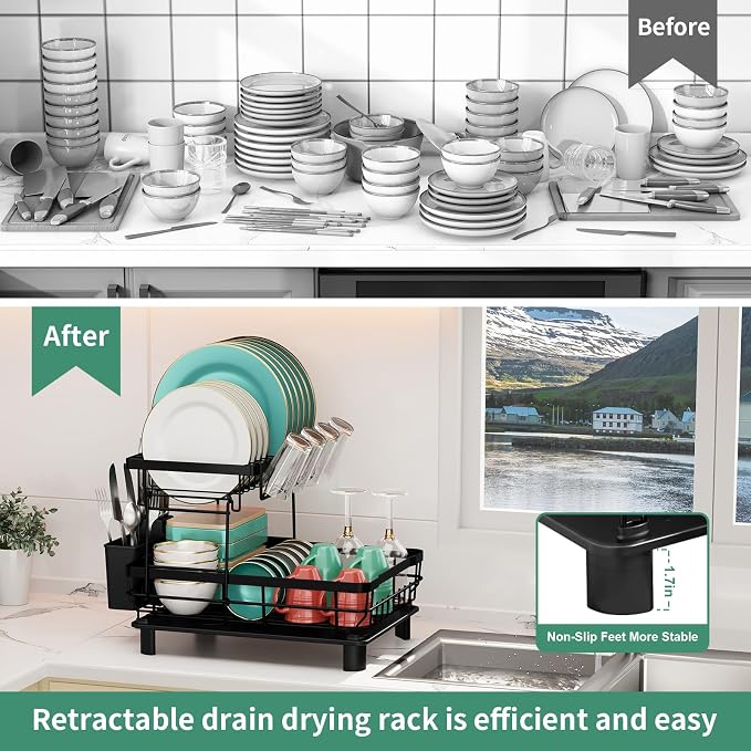 MOUKABAL 2 Tier Dish Drying Rack with Drainboard for Kitchen Counter, Black - Image 9