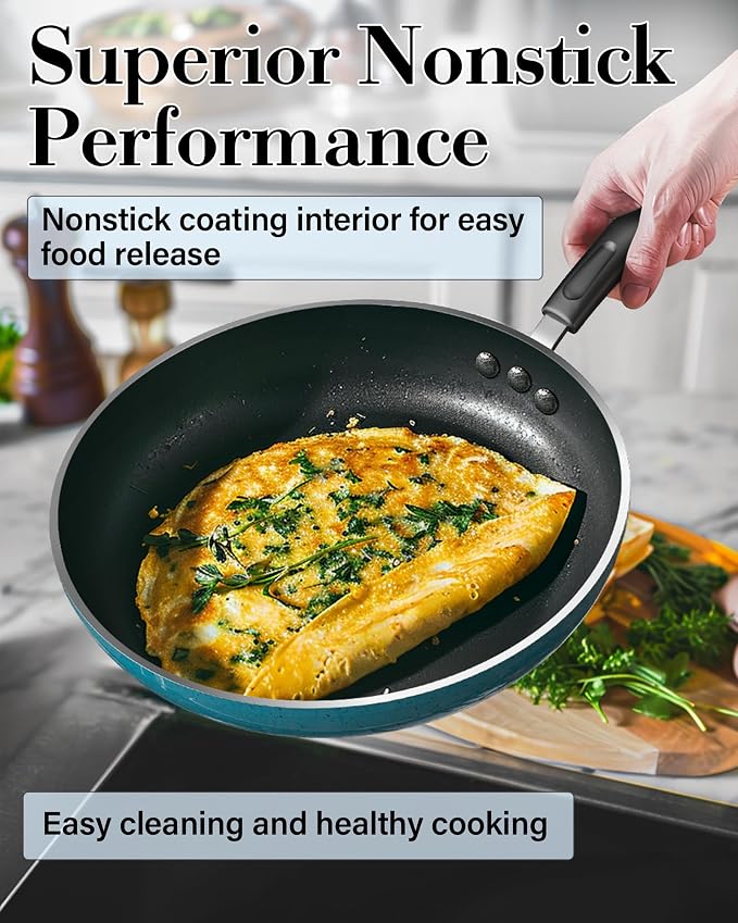 Cook N Home Professional Pots and Pans Nonstick Cookware Set, Belly Shape Kitchen Cooking Set with Frying Pans and Saucepans, Induction Compatible, 10-Piece, Turquoise - Image 4