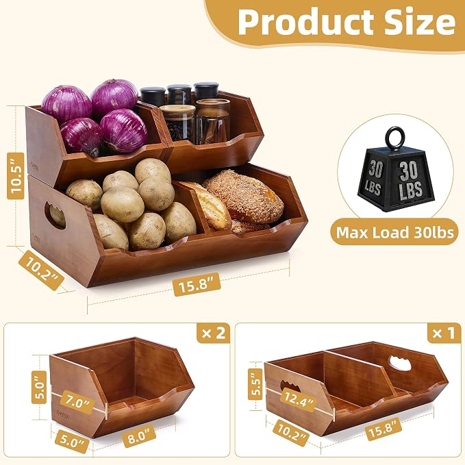HYPIGO Large Capacity Potato and Onion Storage Bins | Stackable Wood Pantry Storage Baskets, Kitchen Pantry Organizers for Vegetables, Bread, Spices, Set of 3 - Image 4