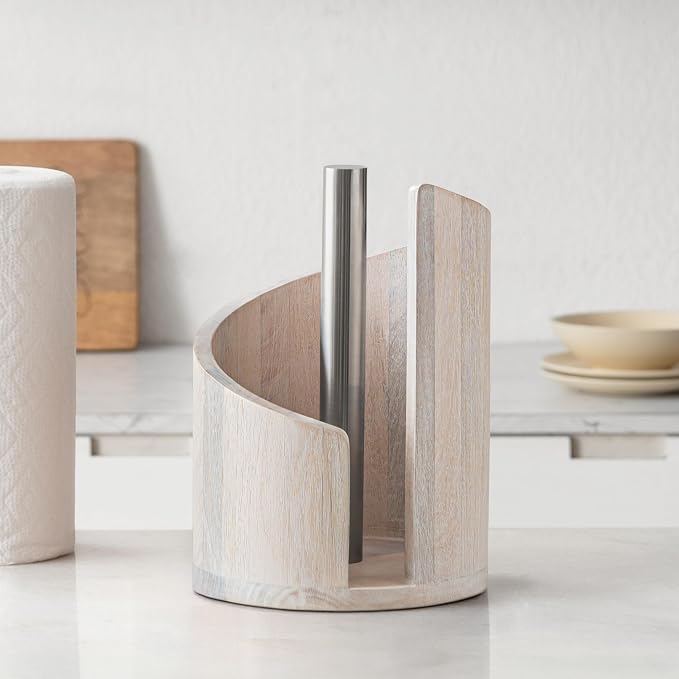 Anji Mountain Wooden Paper Towel Holder with Metal Holder, Holder Stand for Kitchen Roll Organizer & Kitchen Dining Table Home Décor, Countertop Fits Jumbo & Mega Rolls - Whitewash/Nickel, Classic by AnjiMountain