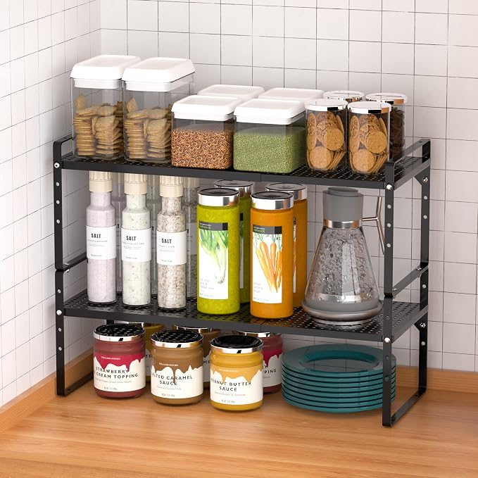 Redrubbit Expandable Cabinet Storage Shelf, Adjustable Height Steel Metal Kitchen Counter Organizers Shelves Spice Rack for Kitchen Pantry Bathroom Cupboard Desk Home Office, Black-1 Pack - Image 4