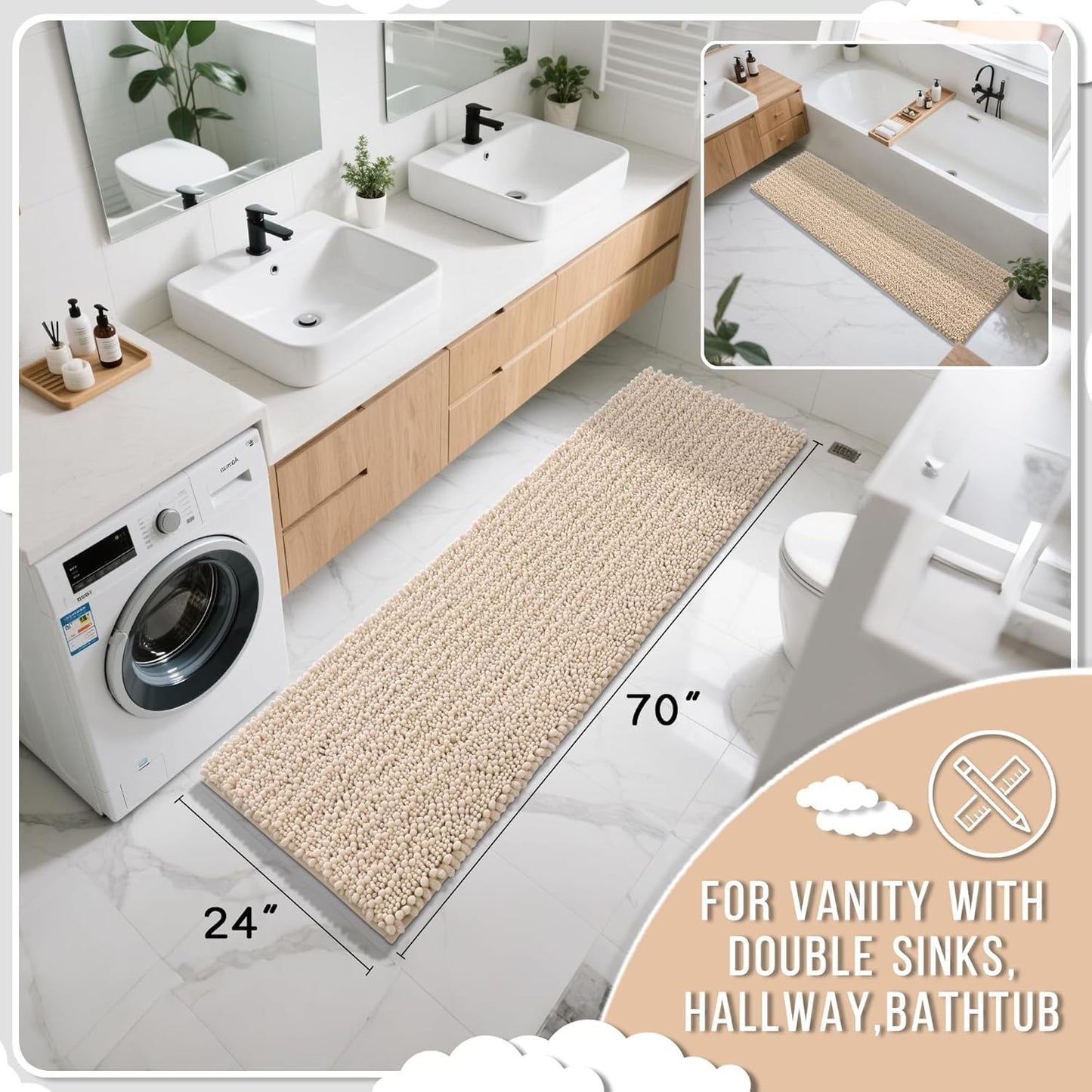 Yimobra Bathroom Runner Rug 70x24 Inch - Extra Long Non Slip Chenille Bath Mat, Soft & Absorbent, Machine Washable Shaggy Hallway Carpet for Vanity Tub Shower, Light Brown Home Decor Accessories