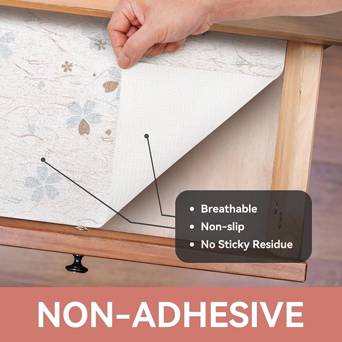 Shelf and Drawer Liner,Non-Adhesive Non Slip 12In x 5Ft Floral Beige - Image 8