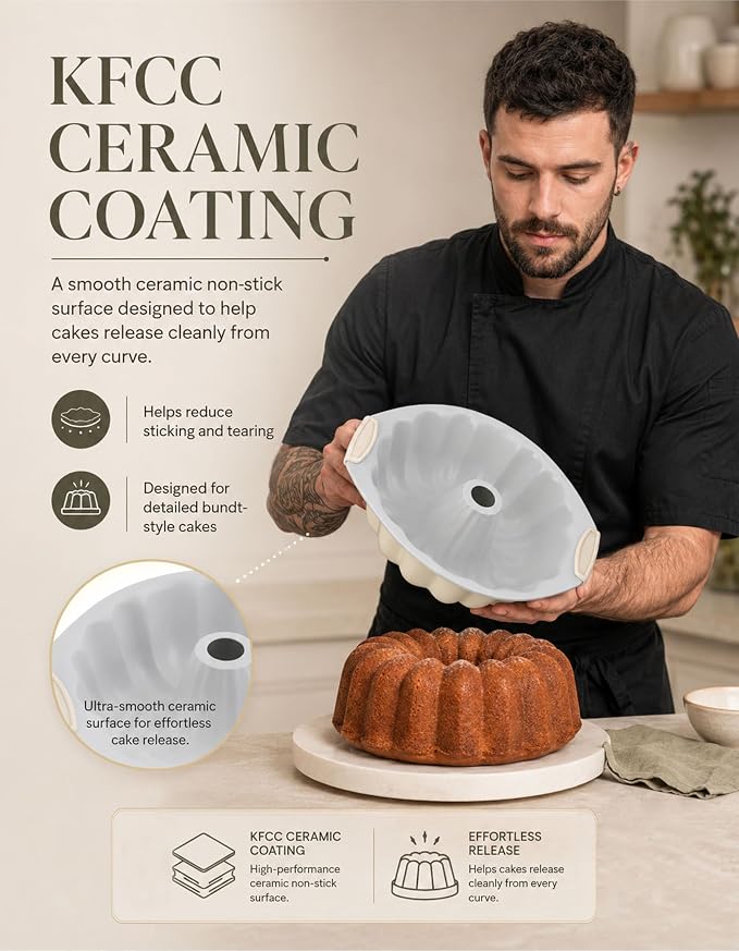 Boxiki Kitchen Ceramic Fluted Cake Pan, 12 x 10 x 3 Inches Nonstick Pound Cake Pan, Heavy Duty 0.6mm Aluminized Steel, KFCC Korean Ceramic Coating, Oven Safe to 550°F, PFAS-Free, Large Tube Cake Mold - Image 4
