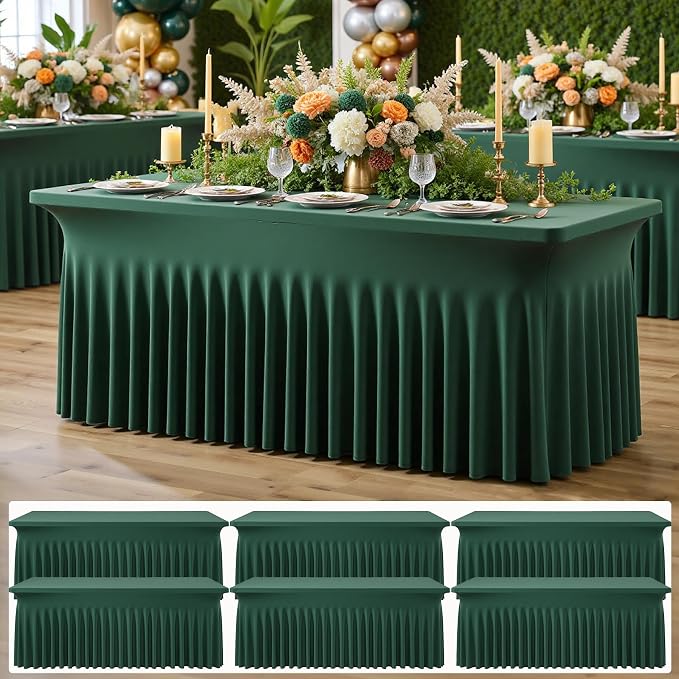 6 pk Hunter Green Spandex Tablecloth for 6 Foot Rectangle Tables, Wrinkle Free Fitted Spandex Table Covers 6ft Green Stretch Table Cloths with Ruffle Skirt for Parties Weddings Banquet Baby Shower by ENJOYYOURPARTY