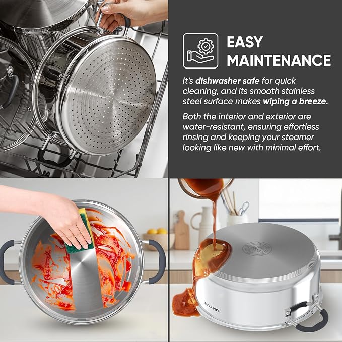 Sunhouse: 2-Tier Stainless Steel Steamer Pots - 5.5 Quart - Tempered Glass Lid, 3-Ply Bottom, Vegetable-Dumpling-Food Cookware, Dishwasher & Oven Safe - Image 8