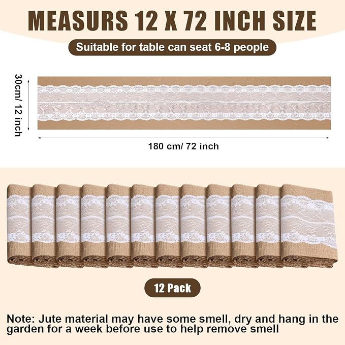 Chumia 12 Pack Burlap Table Runners with Lace 12 x 72 in, Elegant Style - Image 2