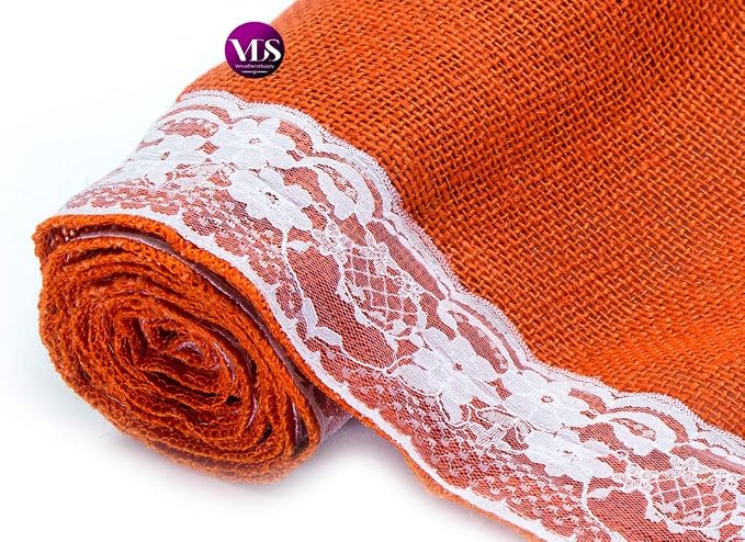 VDS Pack of 5, Burlap Table Runner with White Lace Edge, 100% Natural Jute Rustic Hessian Table Cloth Centerpiece for Wedding Birthday Party Banquet Table Decoration (Size 12X108 Inch)(Orange) - Image 5