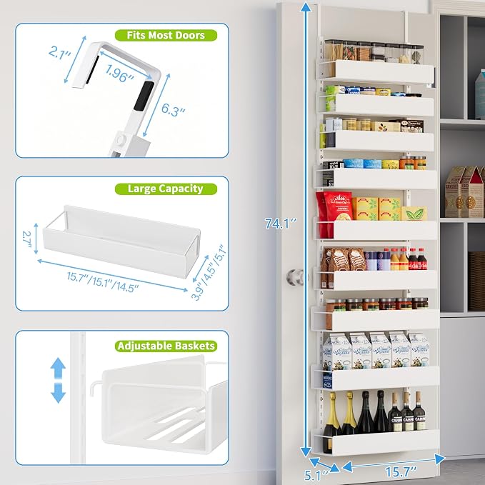 9-Tier Over Door Organizer, Heavy Duty White Metal Spice Rack Shelves for Kitchen Bathroom Laundry - Image 2