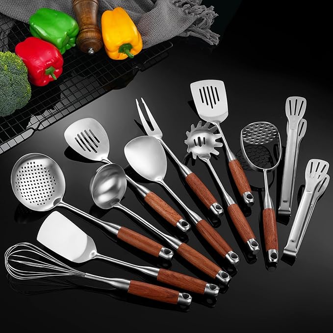Stainless Steel Kitchen Cooking Utensils Set Wooden Handle 12 PCS | Metal Cooking Utensils Set-Spatulas,Ladle,Skimmer,Tunners,Spaghetti Spoon,Fork,Potato Masher,Egg Whisk,Tongs by NIITAWH