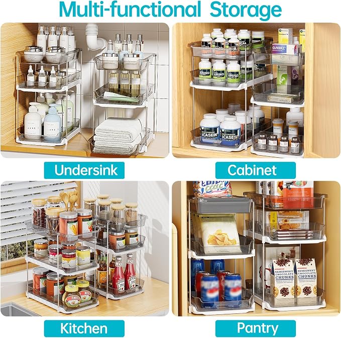 Delamu 2 Pack 3-Tier Bathroom Under Sink Organizers and Storage, Multi-Purpose Stackable Pantry Organization and Storage, Pull Out Clear Kitchen Bathroom Cabinet Organizer with Movable Dividers, Grey - Image 6