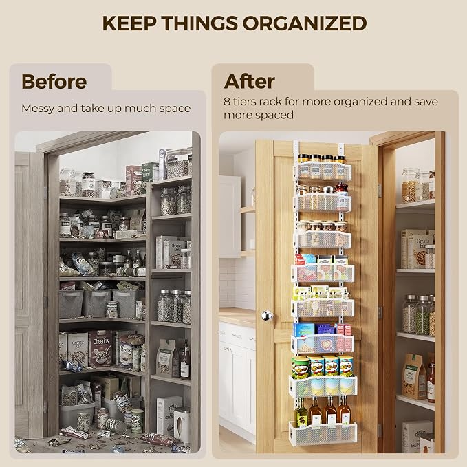 Delamu 8 Tier Over the Door Pantry Organizer, 2in1 Hanging or Wall Mount Spice Rack Seasoning, Adjustable Heavy-Duty Narrow Pantry Door Organizer and Storage for Kitchen Cabinet and Bathroom,12" White - Image 4