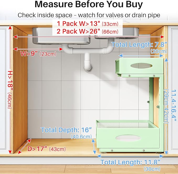 Under Sink Organizer, 2 Pack 2 Tier Pull Out Under Cabinet Organizer Shelf with Pad for Framed Cabinets, Metal Slide Out Under Sink Storage, Mesh Sliding Drawers for Kitchen Bathroom Laundry, Green - Image 2