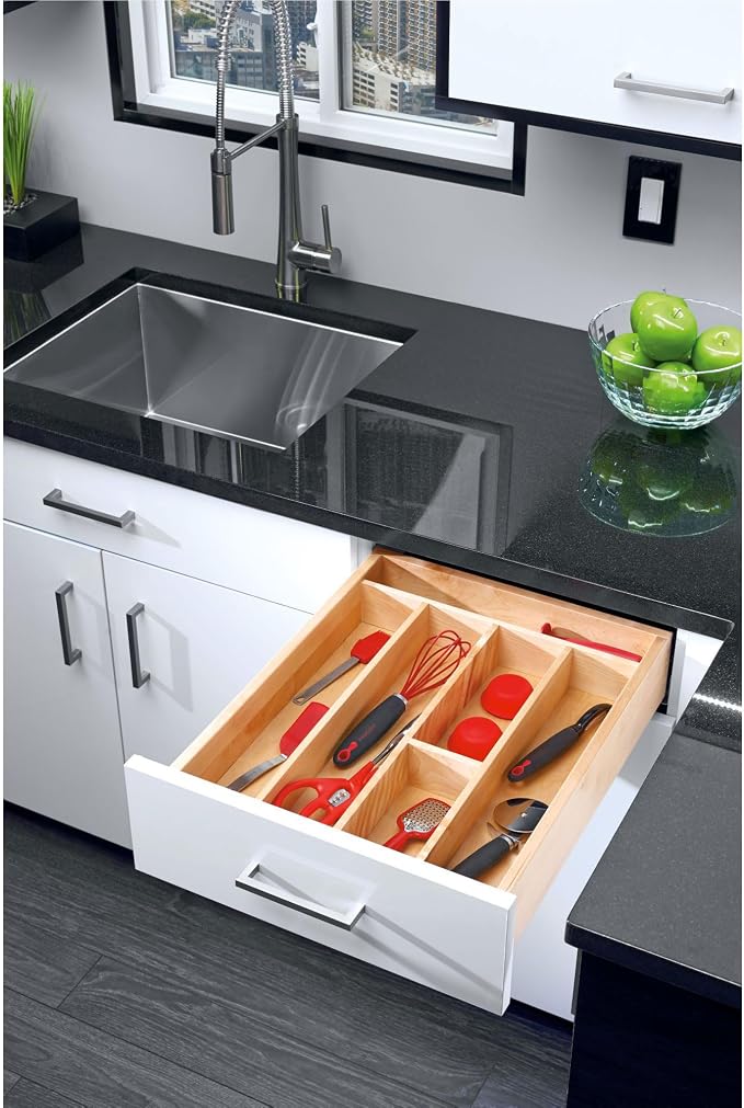 Rev-A-Shelf Trim-to-Custom-Fit Silverware Drawer Organizer For Kitchen Utensils, Cutlery Cabinet Storage Divider Insert, 23.98 x 21.97 In, Maple Wood, 4WUT-3 - Image 2