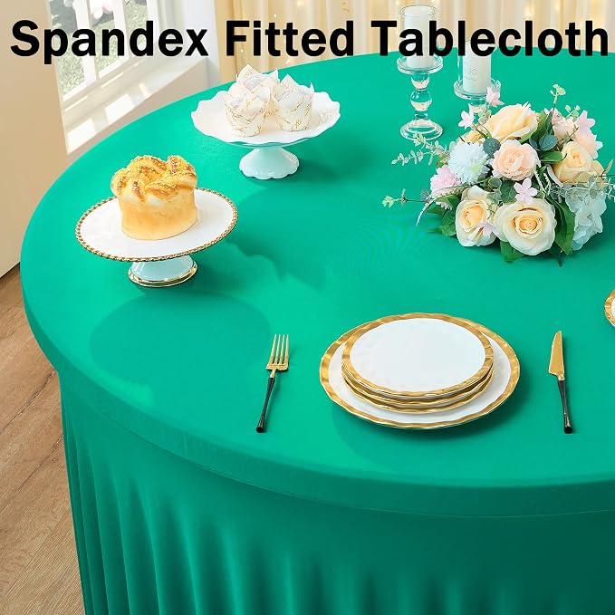 6 Pack Emerald Green Spandex Round Tablecloths Stretchy 120in Fitted 5FT Table Cloths Wrinkle Free Table Cover with Skirt for Wedding Party Dining Banquet - Image 2