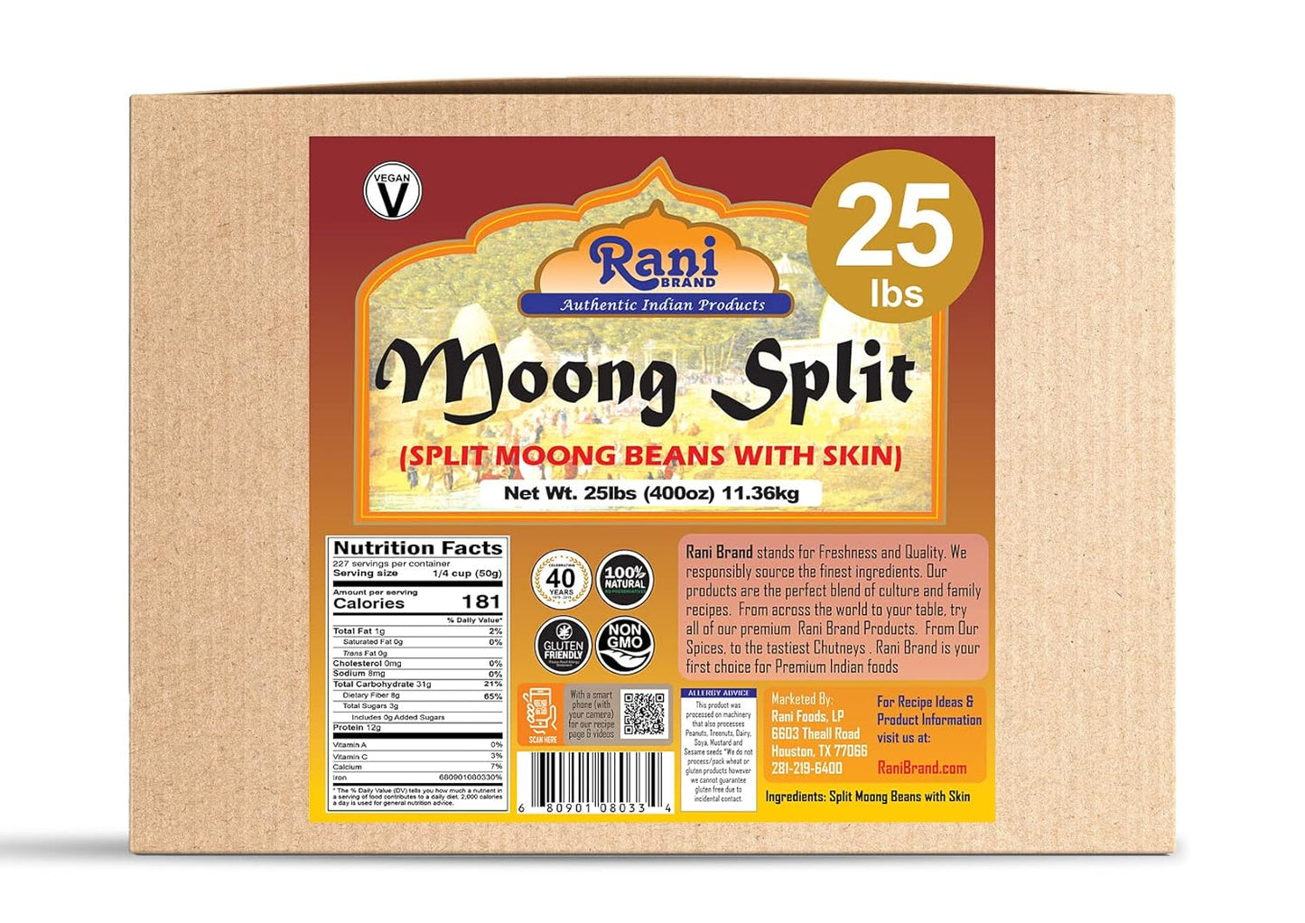 Rani Moong Split (Split Mung Beans with Skin) Lentils Indian 400oz (25lbs) 11.36kg Bulk Box ~ All Natural | Gluten Friendly | Non-GMO | Kosher | Vegan | Indian Origin