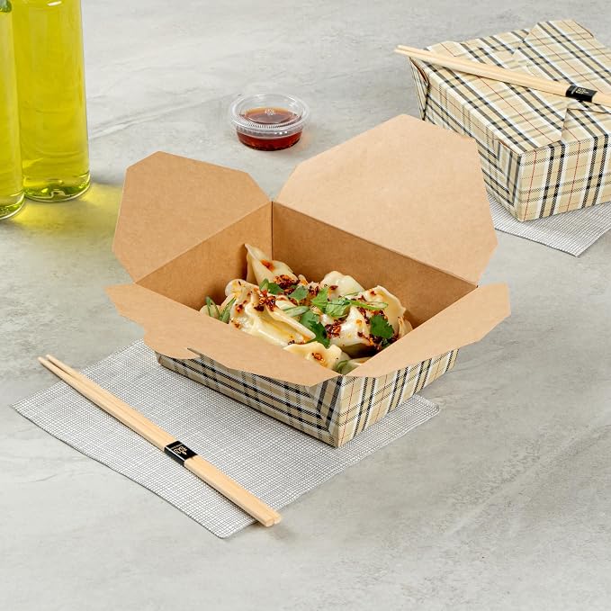 Restaurantware-Bio Tek 6.7 x 5.5 x 2.6 Inch Food Containers, 200 Durable Takeaway Boxes - Disposable, Sturdy, Plaid Paper 45 Ounce Takeout Boxes, Rectangle, For Takeouts And Delivery, Or Picnics - Image 4