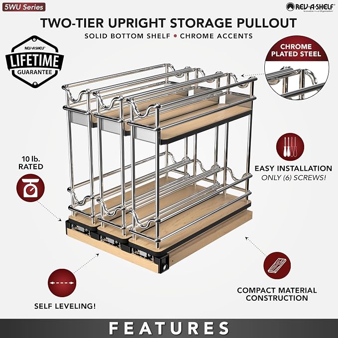 Rev-A-Shelf 9" Pullout Organizer, 2 Tier Triple Narrow Upright Shelf, 5WU2-9N3-1 - Image 8
