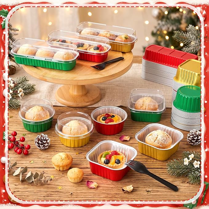 Blushtier 120 Set/240 Pcs Mini Loaf Pans Set with Lids and Spoons for Cake | 6.8, 5, 4.2 oz, Aluminum Foil, Disposable, Red Green Christmas Design, Ovens or Fridge Safe, Nice for Cakes, Puddings Baking - Image 5