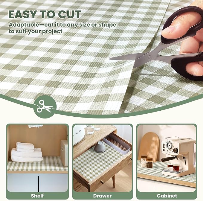 Drawer Liner and Shelf Liner for Kitchen Cabinet Liner Non-Adhesive Non-Slip Shelf Paper, Thick Strong Grip Waterproof Easy to Clean for Shelves, Cupboard, Desks, Green Plaid Pattern, 17.5 in x 20 FT - Image 4