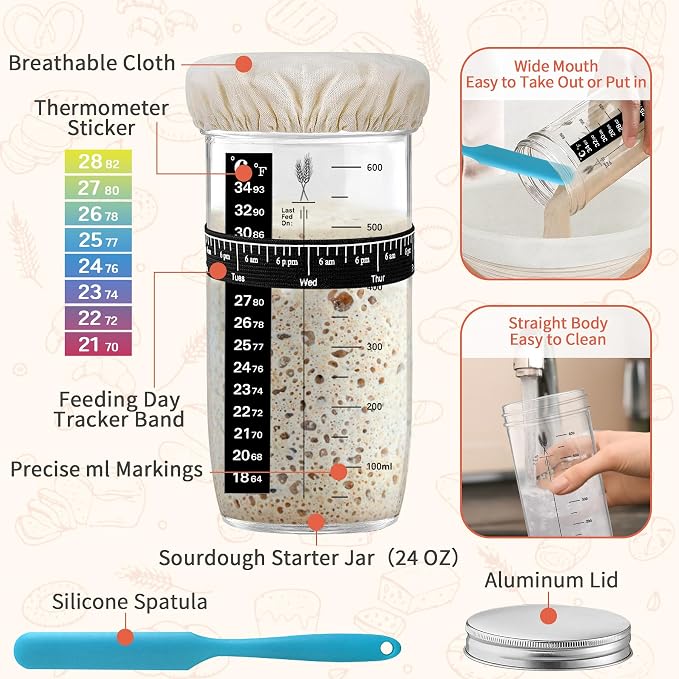 PeacePeo Sourdough Starter Kit for Beginners 40 Pcs Complete Banneton Set | Breathable Rattan 10" Round and Oval Proofing Baskets, 24 OZ Sourdough Jar, Bread Knife and Board for Homemade Bread Baking - Image 4