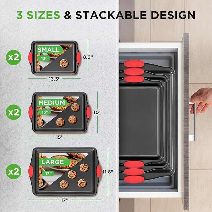 NutriChef Nonstick Baking Pans Set – Premium Cookie Sheets for Baking, Carbon Steel Stackable Baking Trays with Red Silicone Handles, Oven Safe Pans for Cookies, and Cakes, Dishwasher Safe (6 Pack) - Image 2