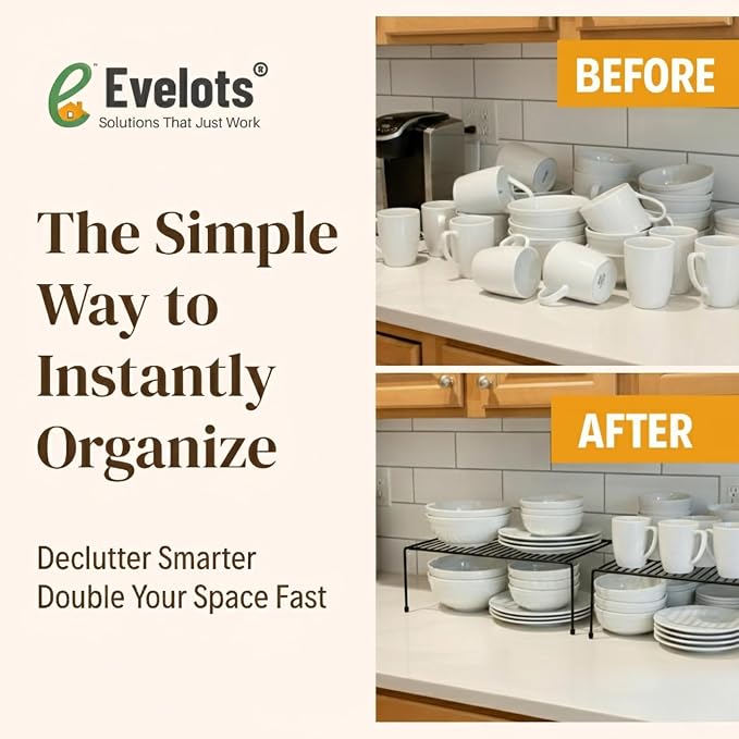 Evelots Wire Shelf Organizer, Large Metal Cabinet Risers, 4-Pack, Black - Image 4